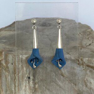 Sterling Silver 925 1.5" Blue Resin 3D Calla Lily Floral Flower Dangle Earrings